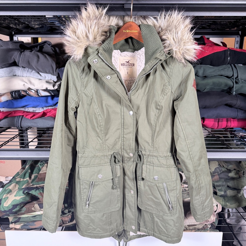 Hollister Sherpa Lined Parka Jacket Olive Green Size S Hooded Faux Fur Trim